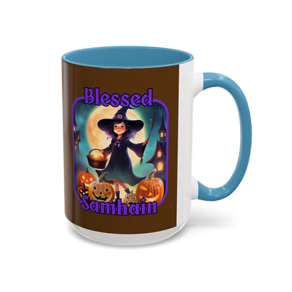 Blessed Samhain Little Witch Purple font Brown Accent Mug by CreepyCrafts.boo