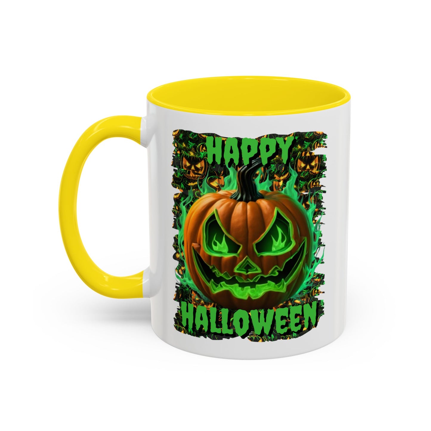 Happy Halloween Green Jack White Accent Mug by CreepyCrafts.boo