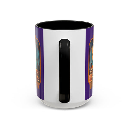 Happy Halloween Cute Witch Orange font Purple Accent Mug by CreepyCrafts.boo