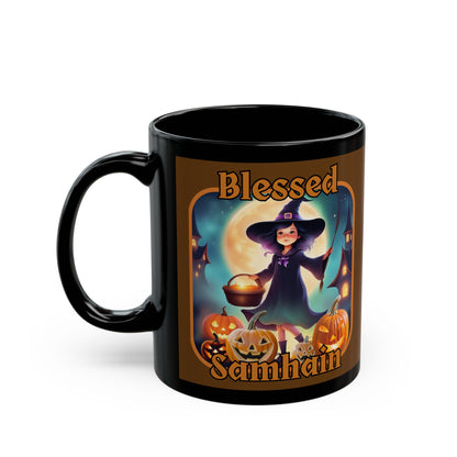 Blessed Samhain Little Witch Orange font Brown Mug by CreepyCrafts.boo
