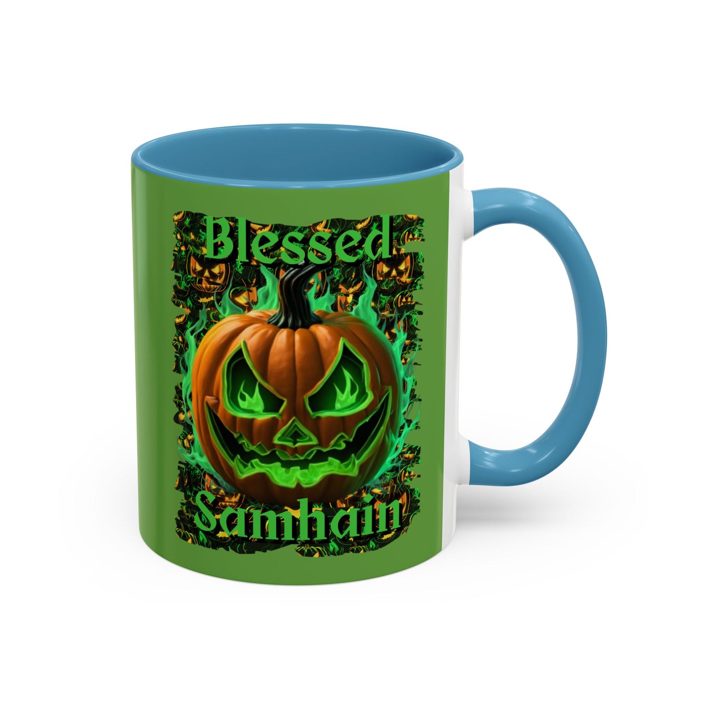 Blessed Samhain Green Jack Green Accent Mug by CreepyCrafts.boo