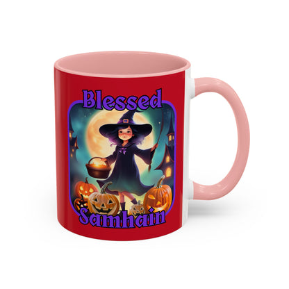 Blessed Samhain Little Witch Purple font Red Accent Mug by CreepyCrafts.boo