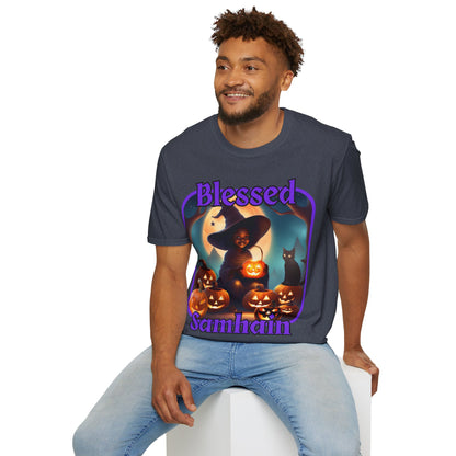 Blessed Samhain Cute Witch Purple font Dark colors Unisex T-Shirt by CreepyCrafts.boo