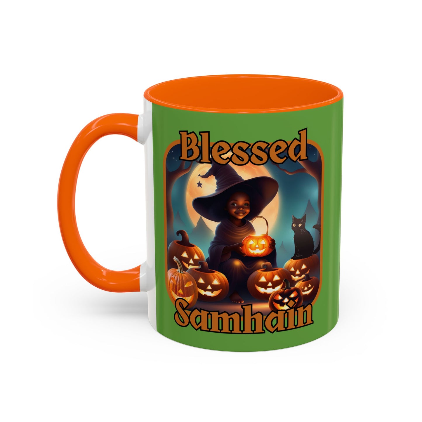 Blessed Samhain Cute Witch Orange font Green Accent Mug by CreepyCrafts.boo