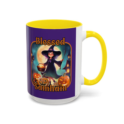 Blessed Samhain Little Witch Orange font Purple Accent Mug by CreepyCrafts.boo
