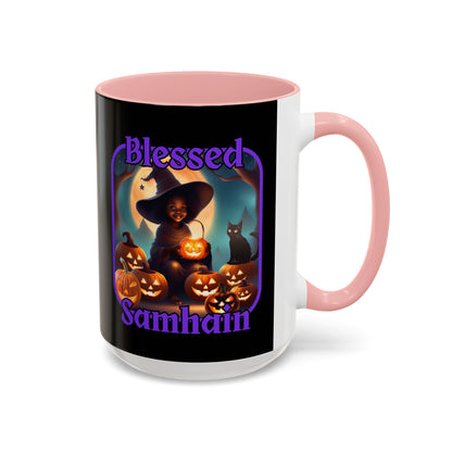 Blessed Samhain Cute Witch Purple font Black Accent Mug by CreepyCrafts.boo