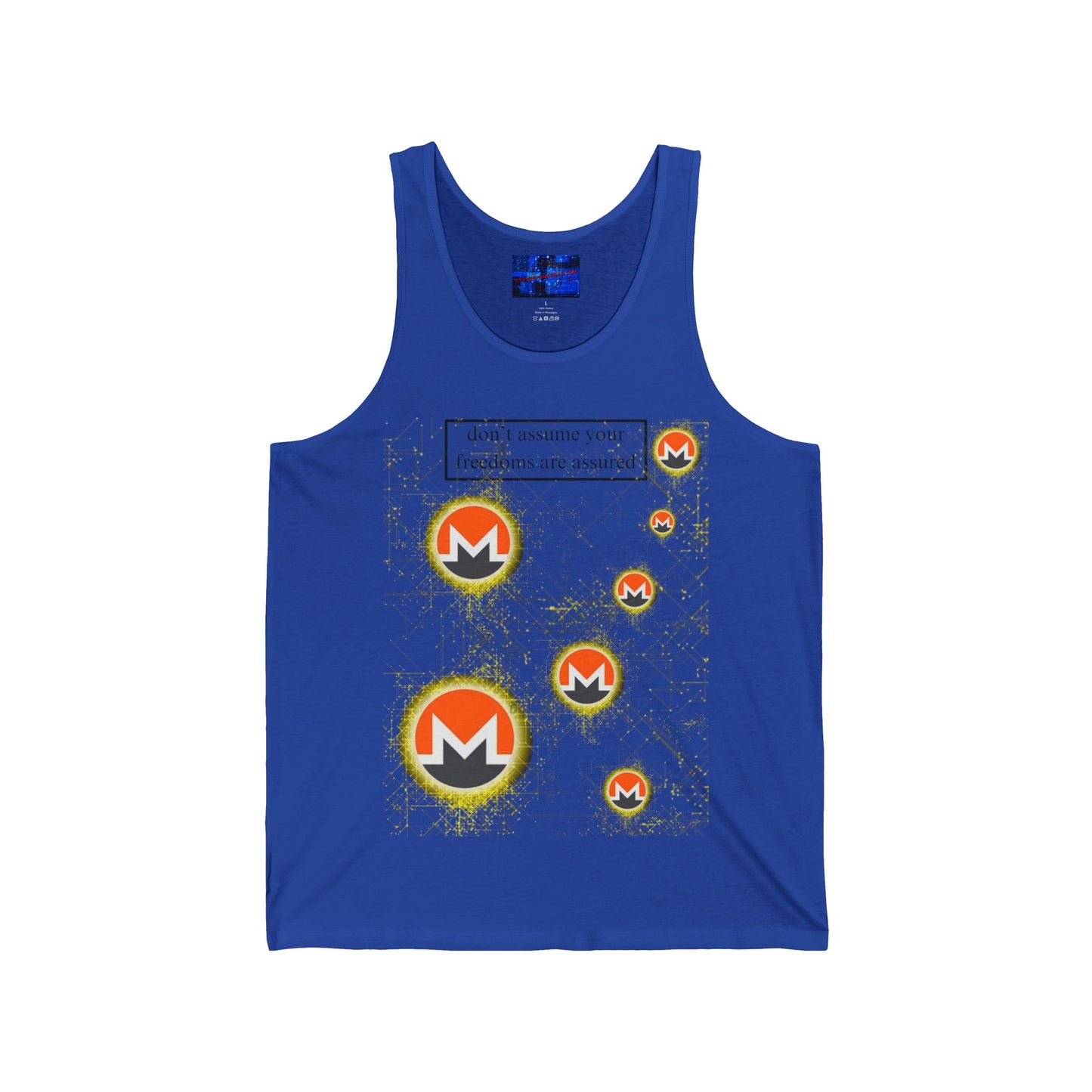 Monero (XMR) don't assume your freedoms are assured Light colors Unisex Jersey Tank Top by cypherpunkgear.com