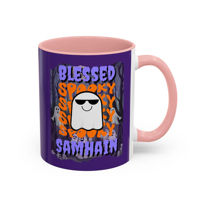 Spooky Blessed Samhain Ghost Purple font Accent Mug by CreepyCrafts.boo