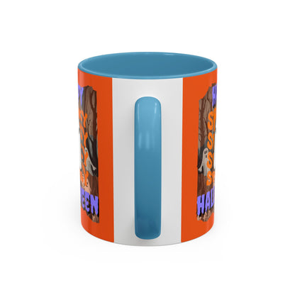 Spooky Happy Halloween Ghost Purple font Orange Accent Mug by CreepyCrafts.boo