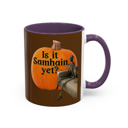 Is It Samhain Yet? Skeleton's Giant Pumpkin Brown Accent Mug by CreepyCrafts.boo