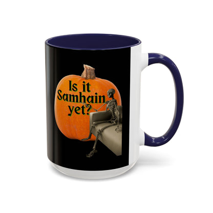 Is It Samhain Yet? Skeleton's Giant Pumpkin Black Accent Mug by CreepyCrafts.boo