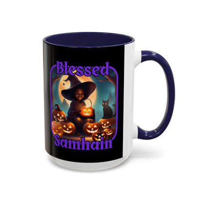 Blessed Samhain Cute Witch Purple font Black Accent Mug by CreepyCrafts.boo
