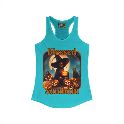 Blessed Samhain Cute Witch Orange font Women's Racerback Tank Top by CreepyCrafts.boo