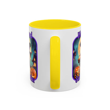 Blessed Samhain Little Witch Purple font White Accent Mug by CreepyCrafts.boo