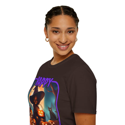 Happy Halloween Cute Witch Purple font Dark colors Unisex T-Shirt by CreepyCrafts.boo