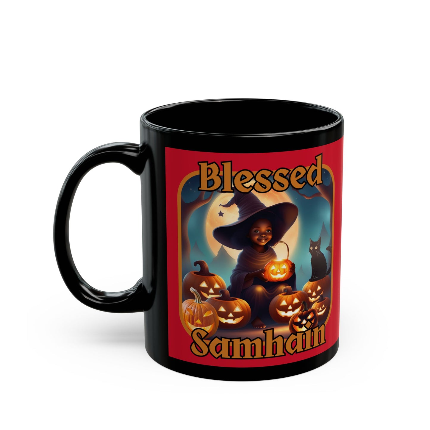 Blessed Samhain Cute Witch Orange font Red Mug by CreepyCrafts.boo