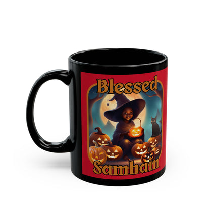 Blessed Samhain Cute Witch Orange font Red Mug by CreepyCrafts.boo