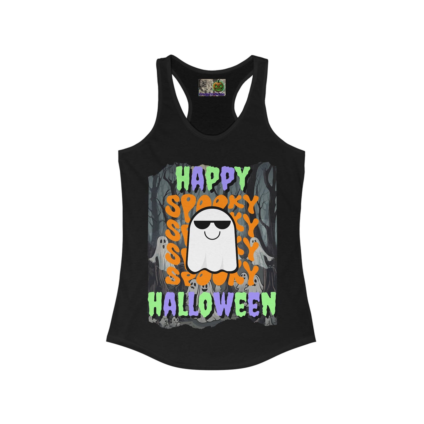 Spooky Happy Halloween Ghost Mixed font Women's Racerback Tank Top by CreepyCrafts.boo