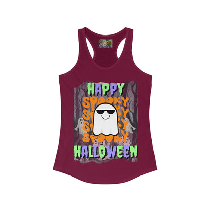 Spooky Happy Halloween Ghost Mixed font Women's Racerback Tank Top by CreepyCrafts.boo