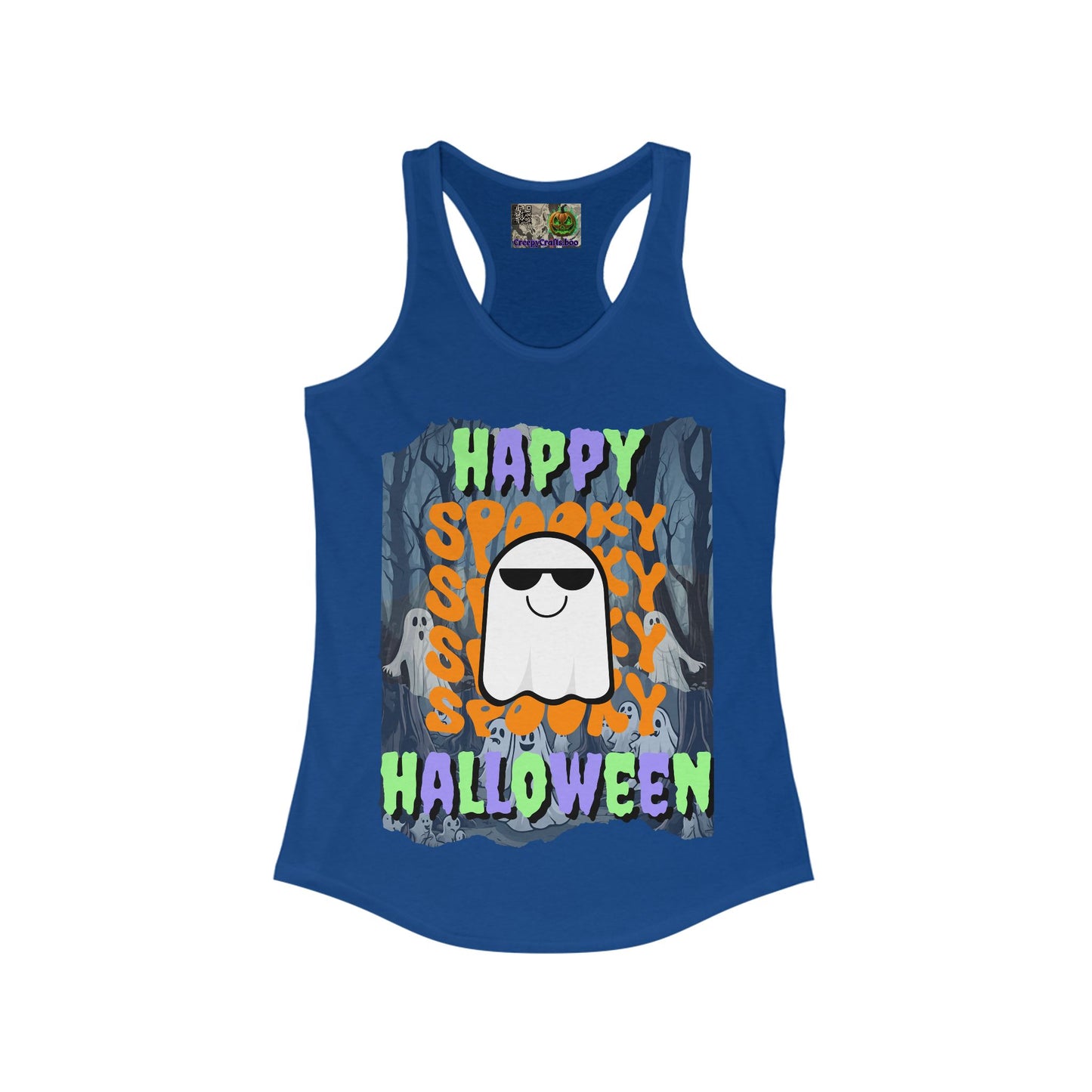 Spooky Happy Halloween Ghost Mixed font Women's Racerback Tank Top by CreepyCrafts.boo