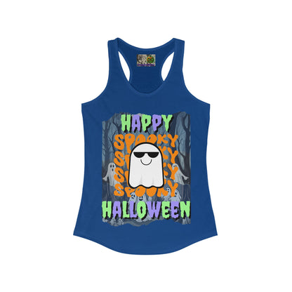 Spooky Happy Halloween Ghost Mixed font Women's Racerback Tank Top by CreepyCrafts.boo
