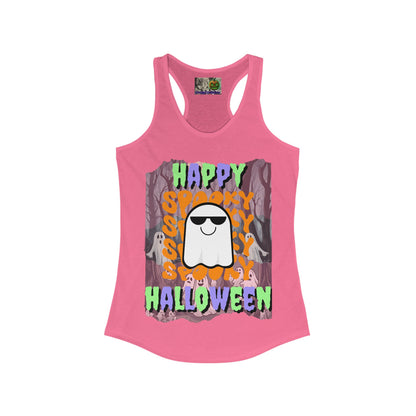 Spooky Happy Halloween Ghost Mixed font Women's Racerback Tank Top by CreepyCrafts.boo
