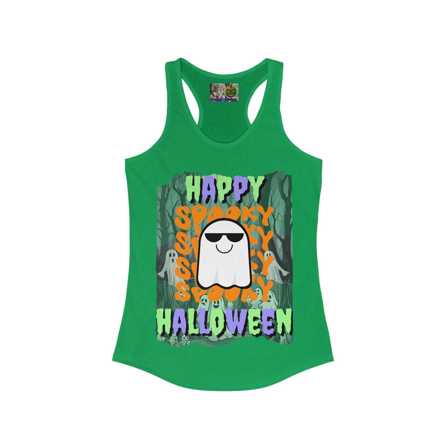 Spooky Happy Halloween Ghost Mixed font Women's Racerback Tank Top by CreepyCrafts.boo