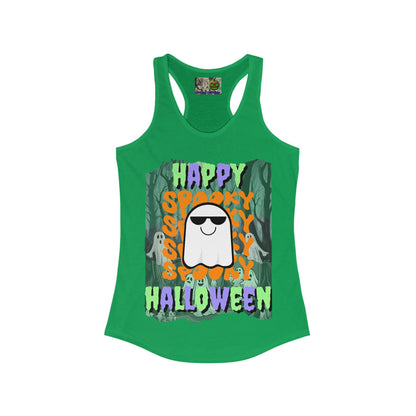 Spooky Happy Halloween Ghost Mixed font Women's Racerback Tank Top by CreepyCrafts.boo