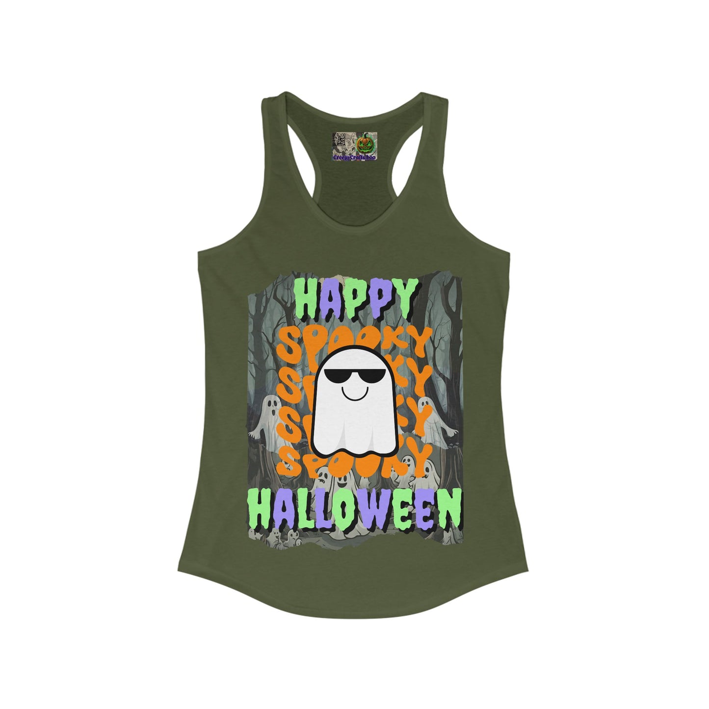 Spooky Happy Halloween Ghost Mixed font Women's Racerback Tank Top by CreepyCrafts.boo