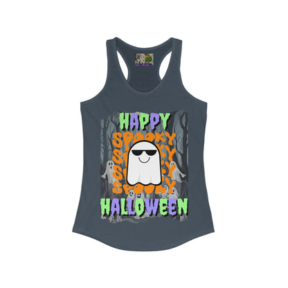 Spooky Happy Halloween Ghost Mixed font Women's Racerback Tank Top by CreepyCrafts.boo