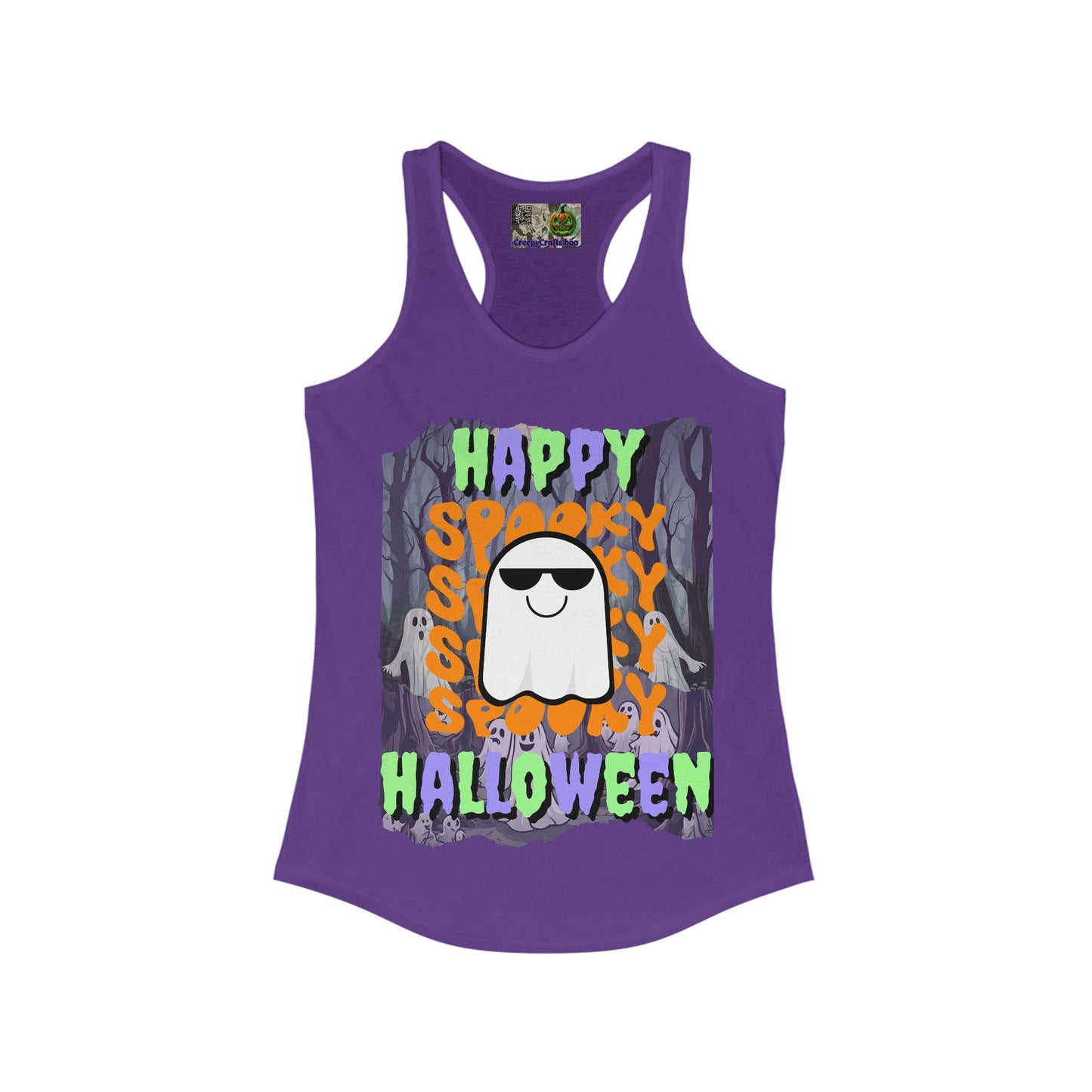 Spooky Happy Halloween Ghost Mixed font Women's Racerback Tank Top by CreepyCrafts.boo