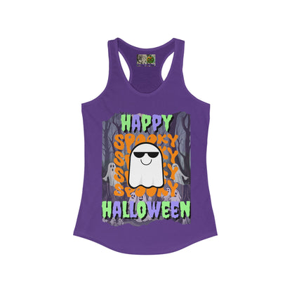 Spooky Happy Halloween Ghost Mixed font Women's Racerback Tank Top by CreepyCrafts.boo