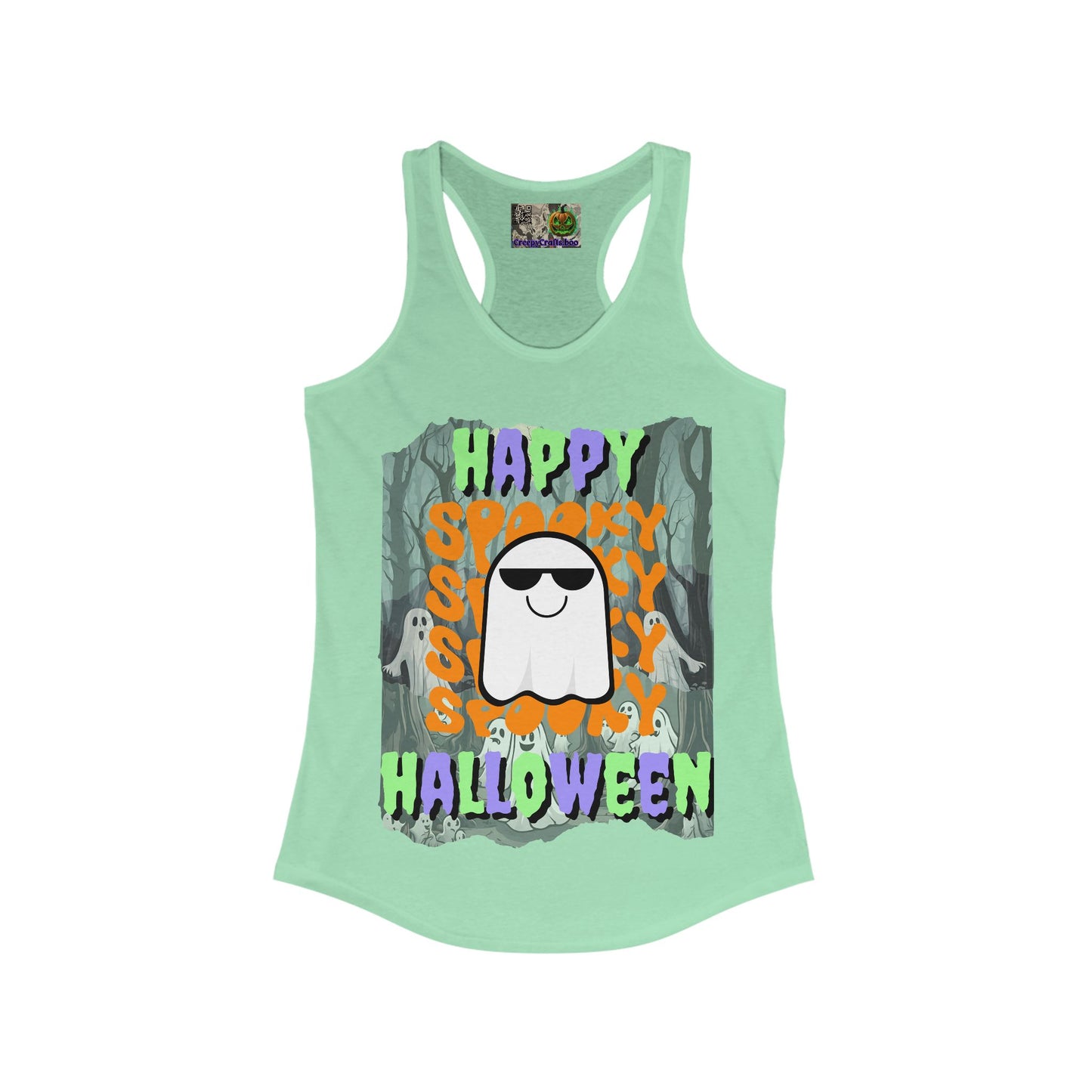 Spooky Happy Halloween Ghost Mixed font Women's Racerback Tank Top by CreepyCrafts.boo