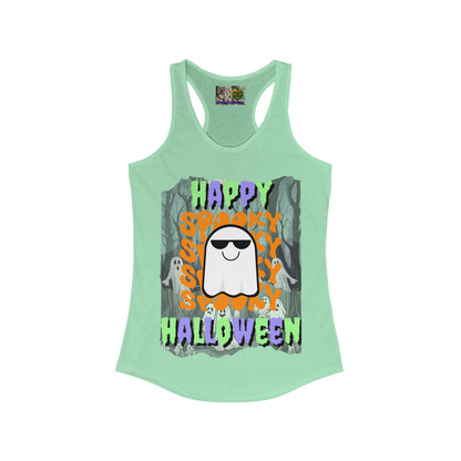 Spooky Happy Halloween Ghost Mixed font Women's Racerback Tank Top by CreepyCrafts.boo