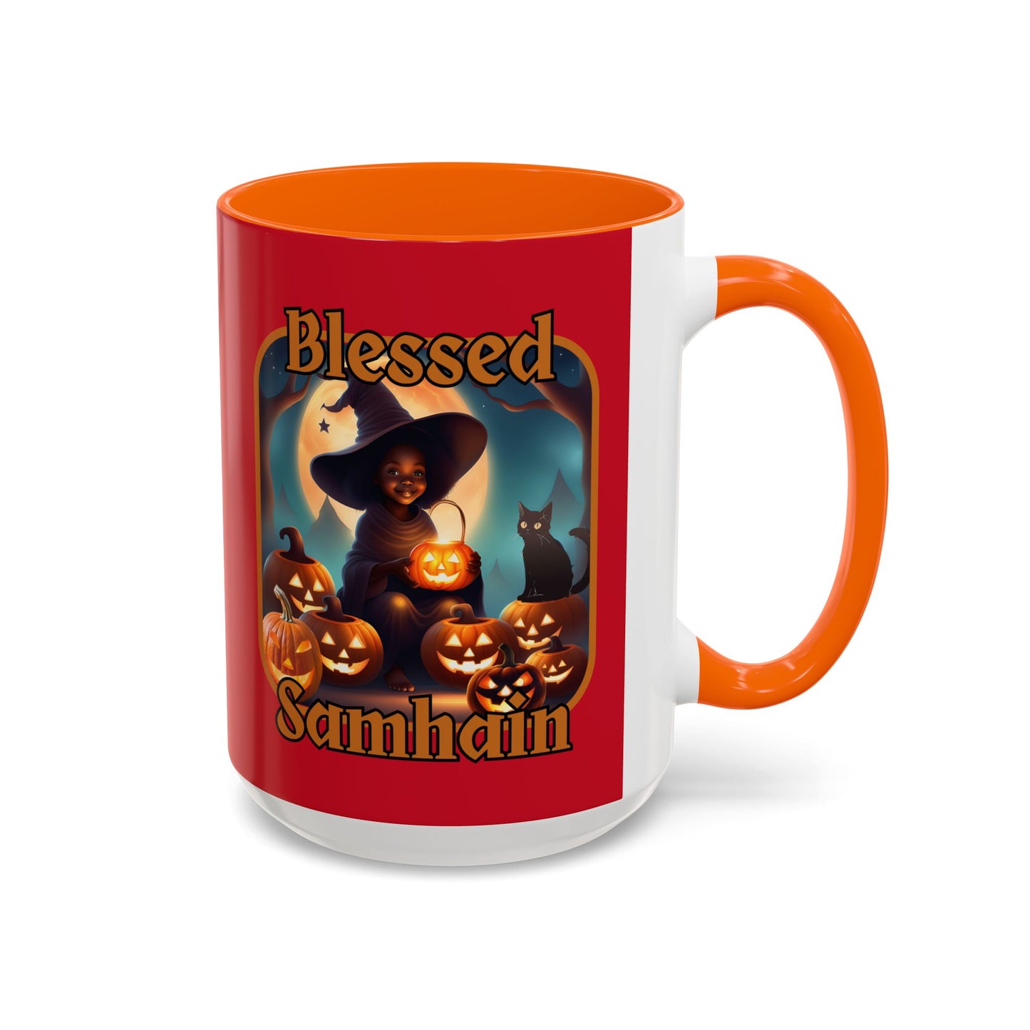 Blessed Samhain Cute Witch Orange font Red Accent Mug by CreepyCrafts.boo