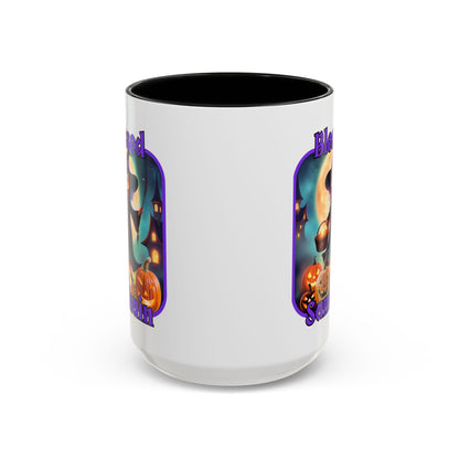 Blessed Samhain Little Witch Purple font White Accent Mug by CreepyCrafts.boo
