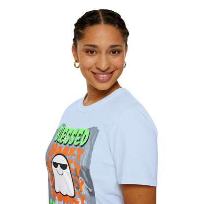 Spooky Blessed Samhain Ghost Green font Unisex T-Shirt by CreepyCrafts.boo
