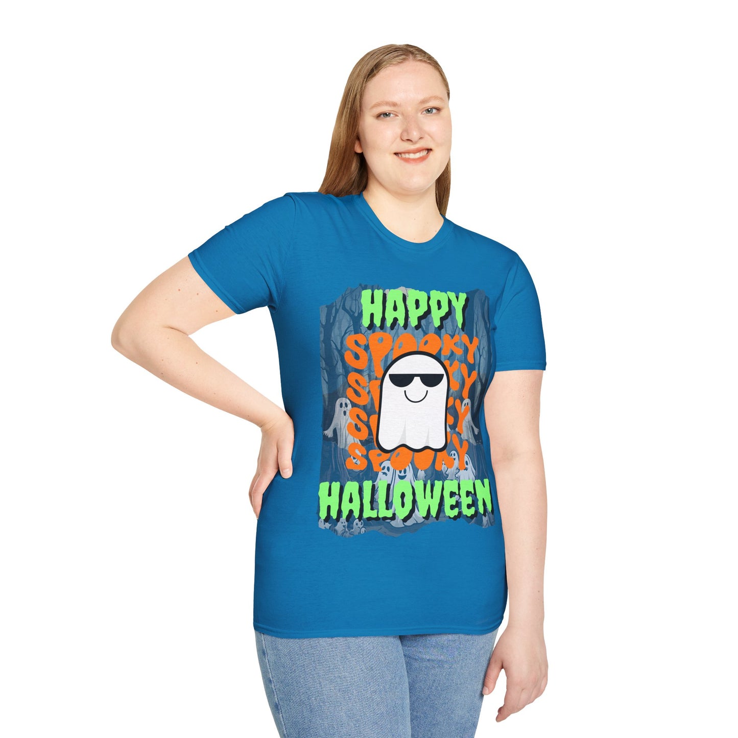 Spooky Happy Halloween Ghost Dark colors Green font Unisex T-Shirt by CreepyCrafts.boo