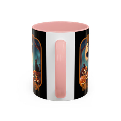 Happy Halloween Cute Witch Orange font Black Accent Mug by CreepyCrafts.boo