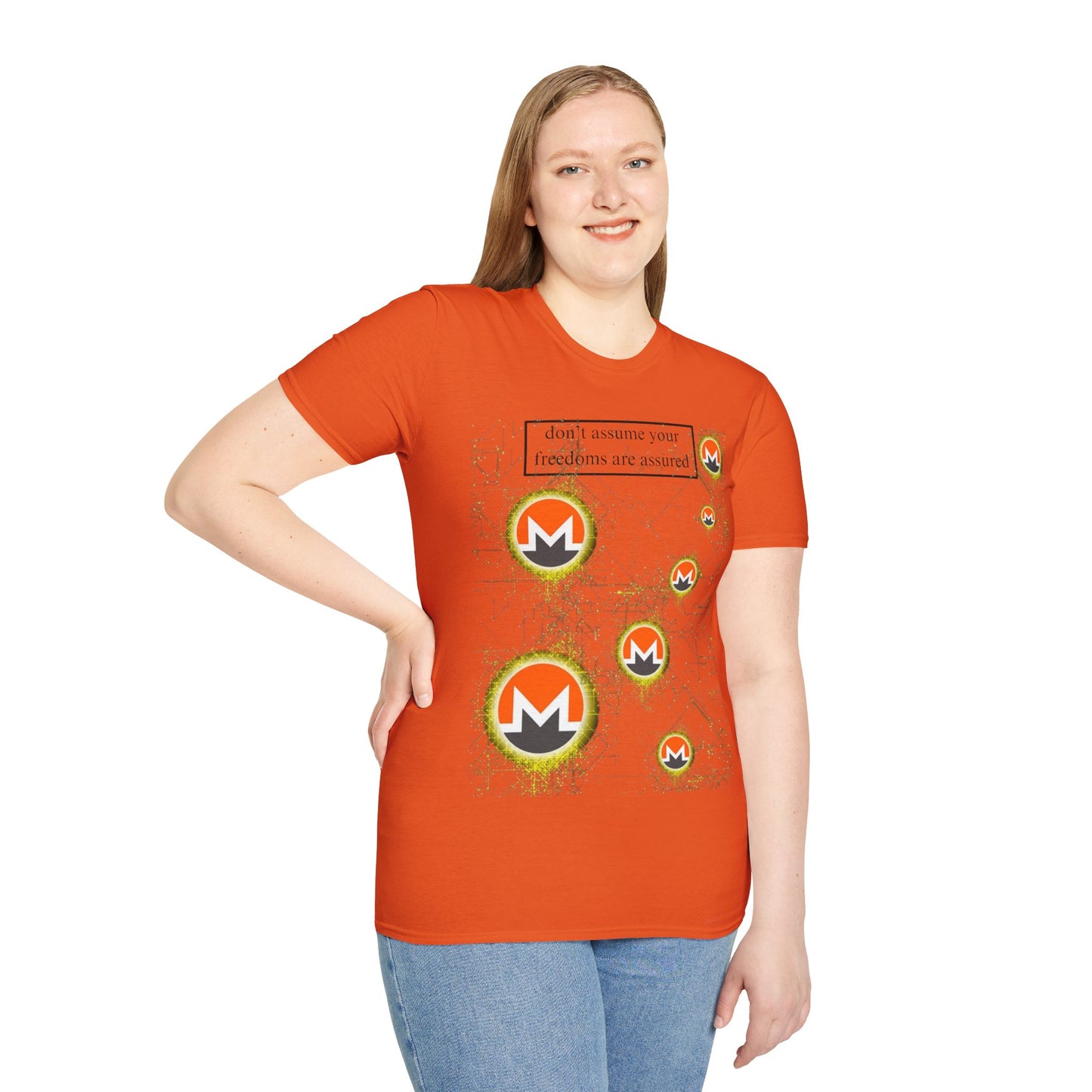 Monero (XMR) don't assume your freedoms are assured Light colors Unisex T-Shirt by cypherpunkgear.com