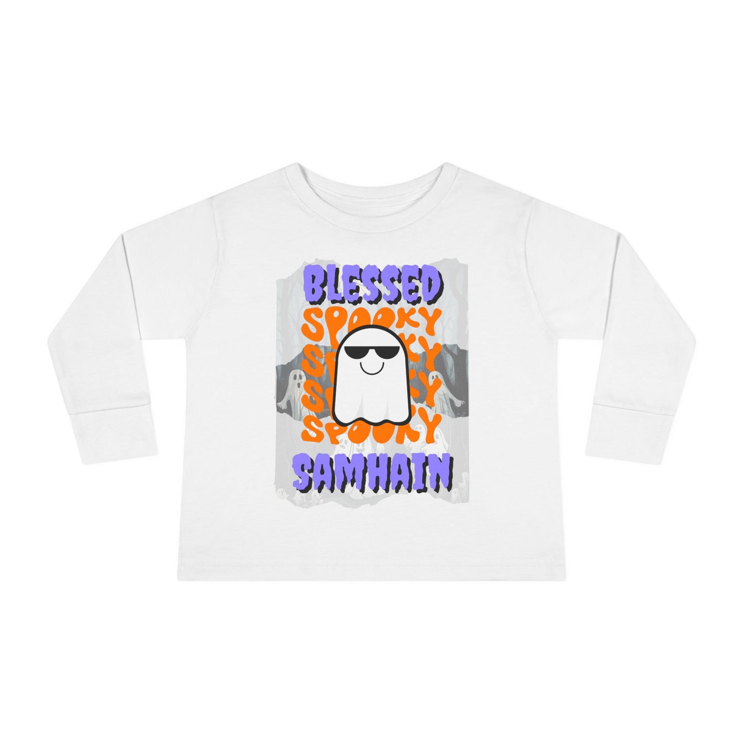 Spooky Blessed Samhain Ghost Purple font Toddler Long Sleeve Tee by CreepyCrafts.boo