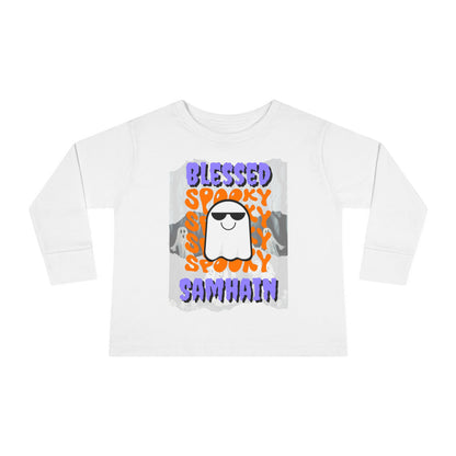 Spooky Blessed Samhain Ghost Purple font Toddler Long Sleeve Tee by CreepyCrafts.boo