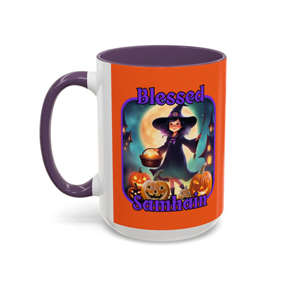 Blessed Samhain Little Witch Purple font Orange Accent Mug by CreepyCrafts.boo