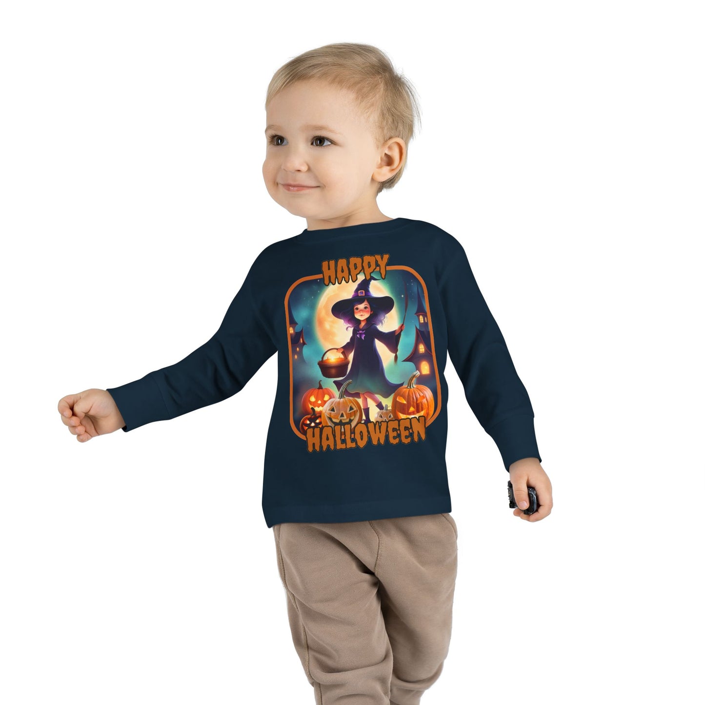 Happy Halloween Little Witch Orange font Toddler Long Sleeve Tee by CreepyCrafts.boo