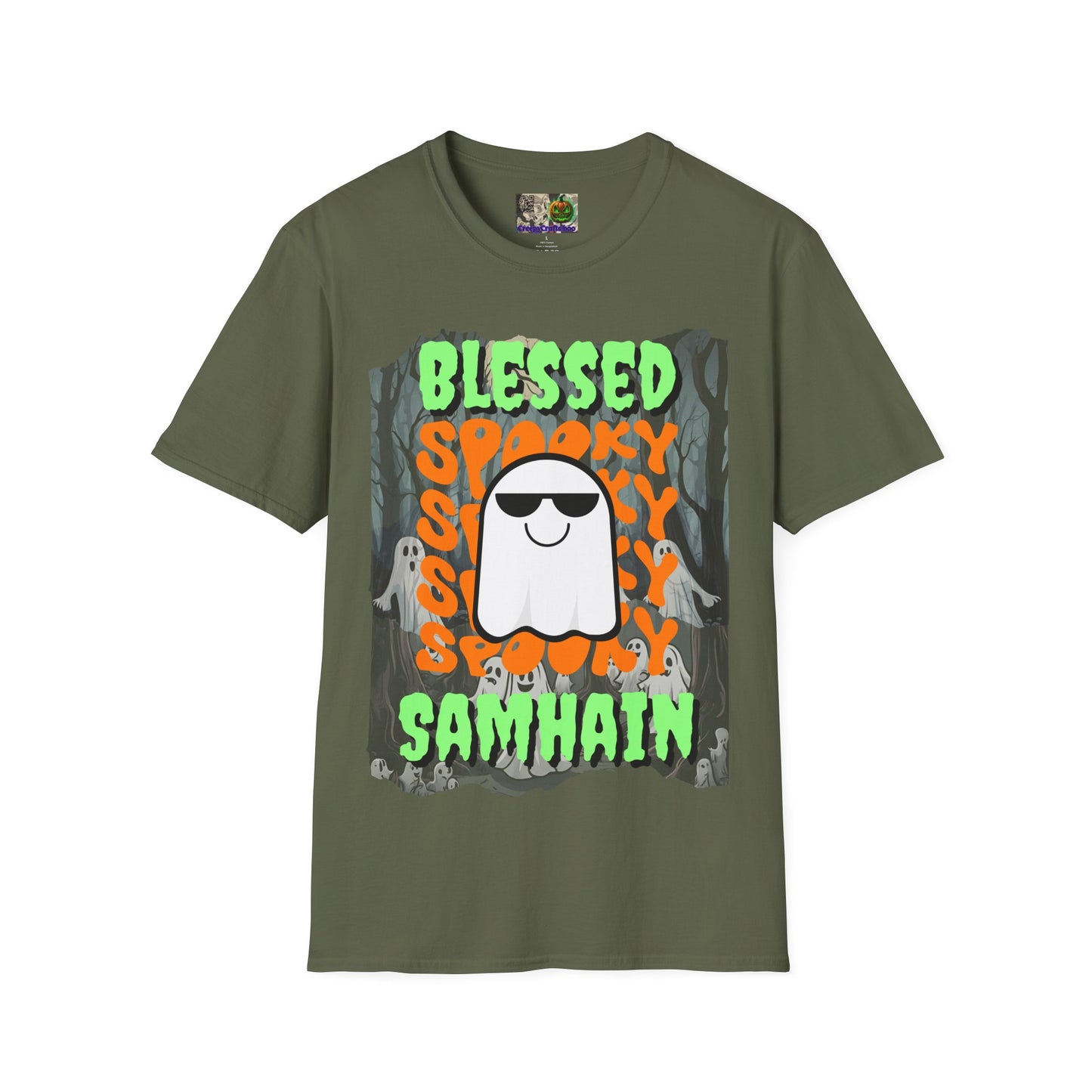 Spooky Blessed Samhain Ghost Green font Unisex T-Shirt by CreepyCrafts.boo
