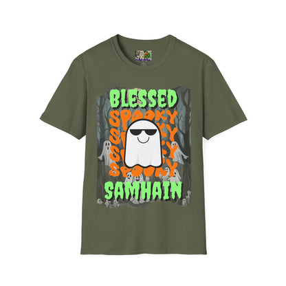 Spooky Blessed Samhain Ghost Green font Unisex T-Shirt by CreepyCrafts.boo