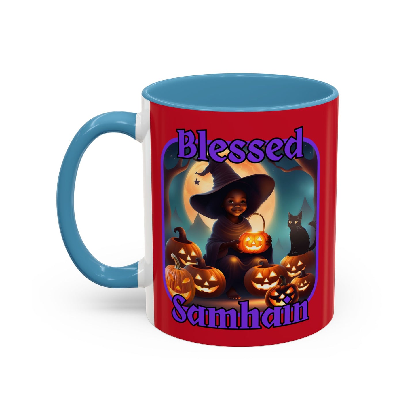 Blessed Samhain Cute Witch Purple font Red Accent Mug by CreepyCrafts.boo