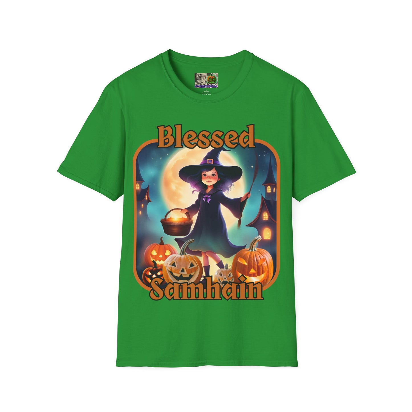 Blessed Samhain Little Witch Orange font Dark colors Unisex T-Shirt by CreepyCrafts.boo