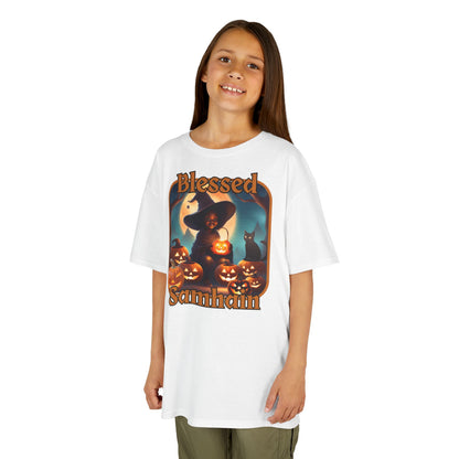 Blessed Samhain Cute Witch Orange font Kids Heavy Cotton™ Tee by CreepyCrafts.boo