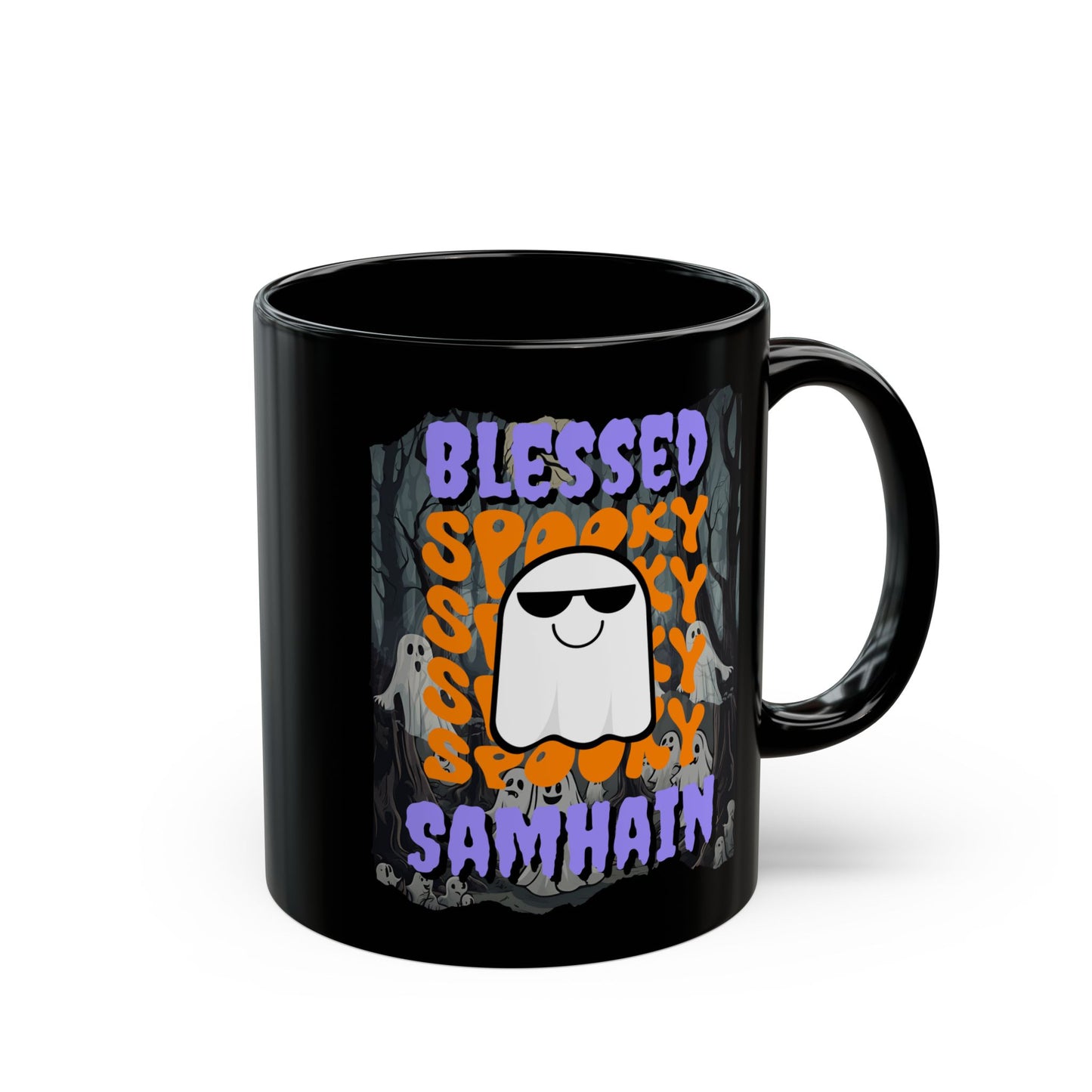 Spooky Blessed Samhain Ghost Purple font Black Mug by CreepyCrafts.boo